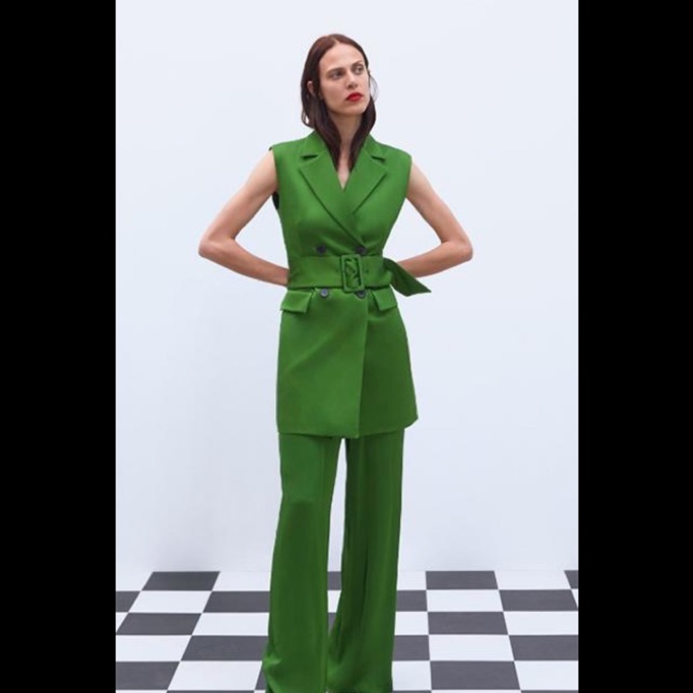 Zara Green Belted Mini Dress / waist coat